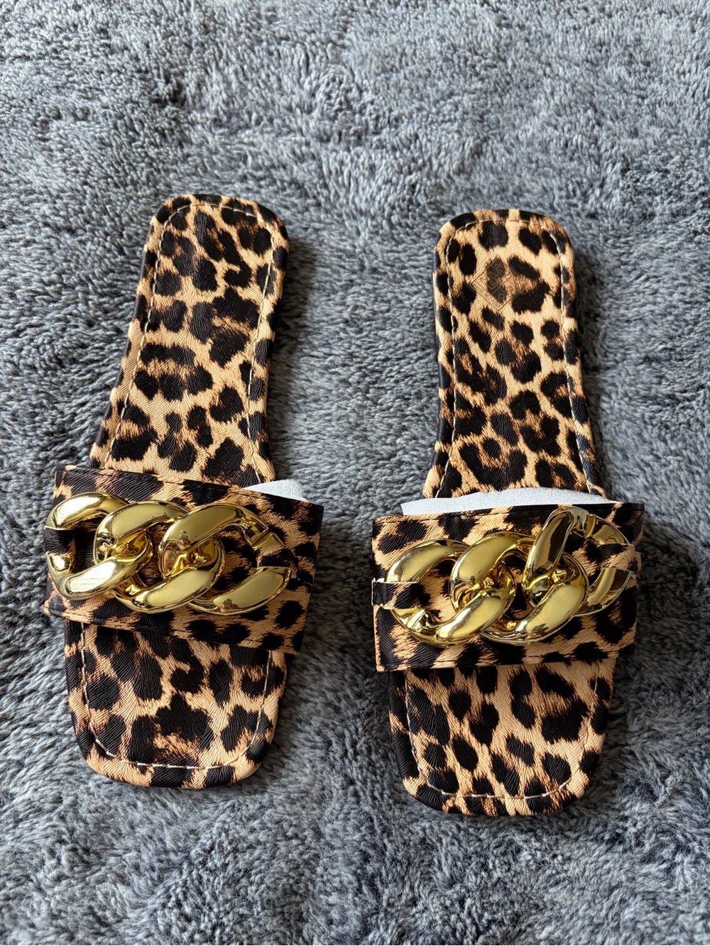SHEIN Leopard Print Slide Sandals with Gold Chain